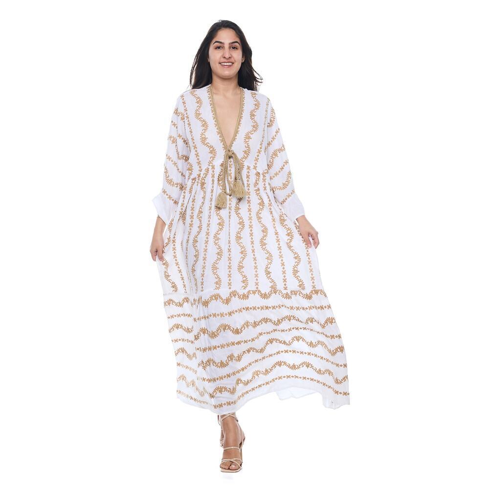RANEES Plunge Neck Cotton Caftan Dress Size O/S